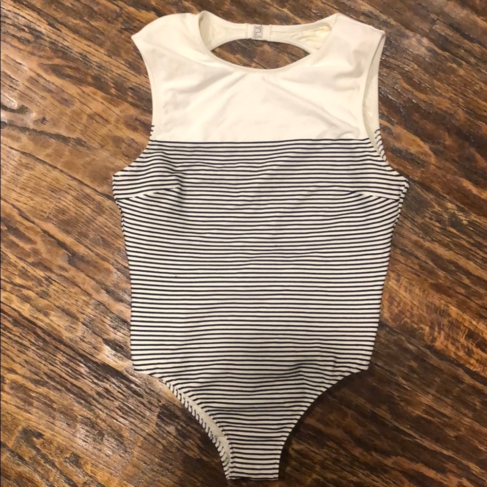 Blue and white 1-piece bathing suit with open back